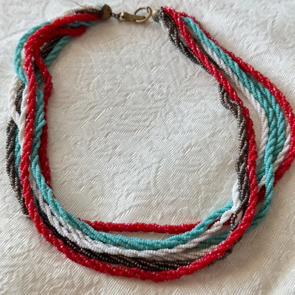 16” Vintage Glass Micro Seed Bead Necklace Multi Red Blue White Gray 1940s-60s